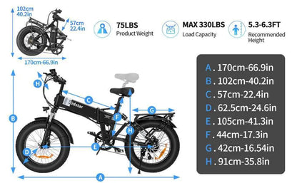 Ridstar H20 Foldable Electric Bike - 1000W, Dual Suspension, 20" Fat Tires